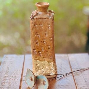 Hand-Built Studio Pottery Vase with Sculpted Metal Flowers – Signed